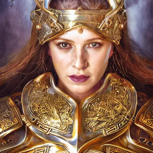 Image similar to Portrait of a majestic fierce viking woman, highly detailed, viking attire, gold plated chest plate, armor skirt, cinematic, 8k, 1080s, by Stanley Artgermm, Tom Bagshaw, Greg Rutkowski, Vincent di Fate, Carne Griffiths, Ayami Kojima, trending on DeviantArt, hyper detailed, full of color, digital art,