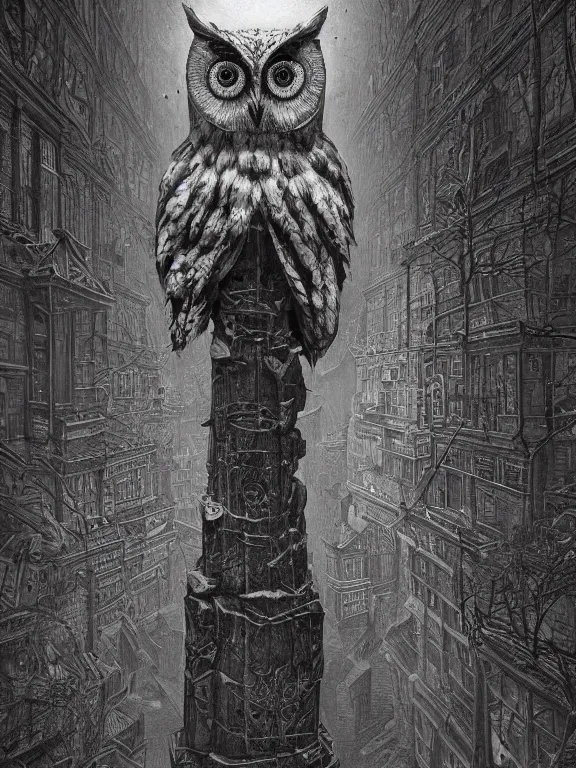 Prompt: a beautiful hyper realistic detailed matte painting showing an old totem of the old owl, a strange and oppressing statue who seems to intensely watch you, dramatic lighting, dynamic lighting, cinematic lighting, by maurits cornelis escher and howard phillips lovecraft, black and white, featured on artstation