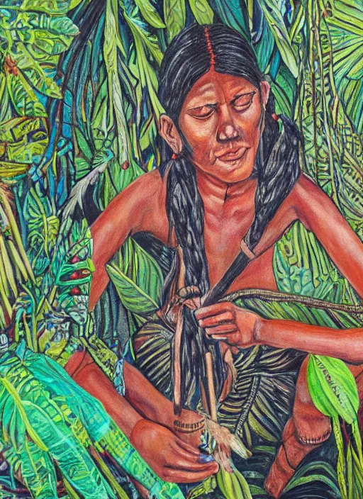 Image similar to a beautiful painting of an indigenous female doing crafting of a fabric in the jungle, realistic face, ayahuasca, fantasy art style