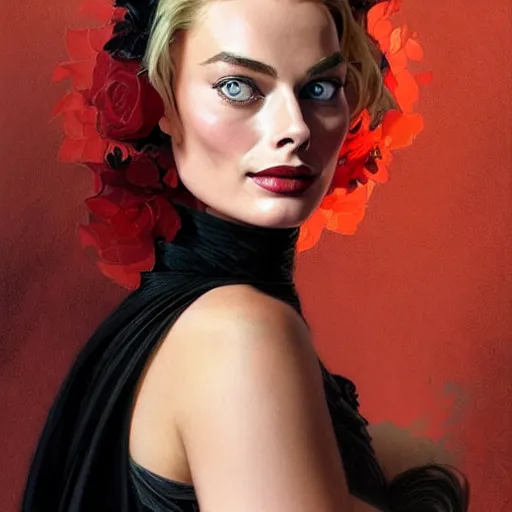 Image similar to very cute Margot Robbie holding a fan and wearing black-crimson silk dress, D&D, fantasy, intricate, elegant, highly detailed, digital painting, artstation, concept art, matte, sharp focus, illustration, art by Artgerm and Greg Rutkowski and Alphonse Mucha