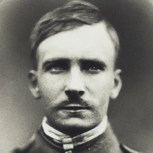 Image similar to World War 1 soldier with shellshocked expression, close-up, photograph