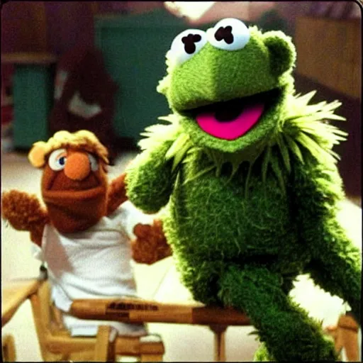 Prompt: “ photo of fozzie from the muppets dropkicking a child ”