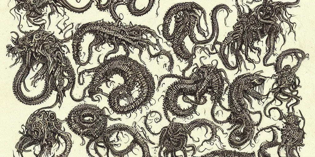 Prompt: detailing reference sheet of lovecraftian unnamed creatures in the style of copper plate etching