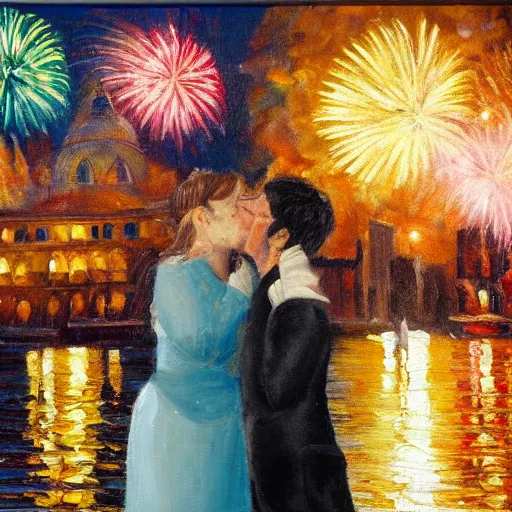 Image similar to an oil painting of couple kissing, in a background fireworks in venice