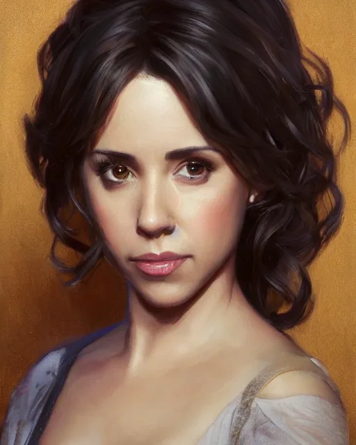 Image similar to a portrait painting of lacey chabert / linda cardellini / alison brie oil painting unreal 5 daz. rpg portrait, extremely detailed artgerm, greg rutkowski, alphonse mucha, vladimir volegov, adolphe bouguereaum