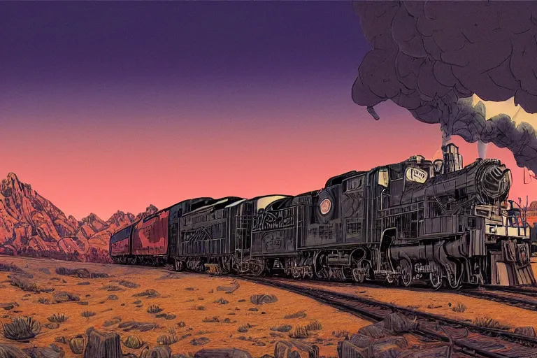 Image similar to old western freight train illustration by joe fenton and syd mead and p. craig russell and barry windsor - smith, artstation, 4 k, graphic novel, concept art, matte painting, steam engine spewing billowy white clouds of steam, beautiful idyllic mountain desert sunset background, golden hour, art nouveau