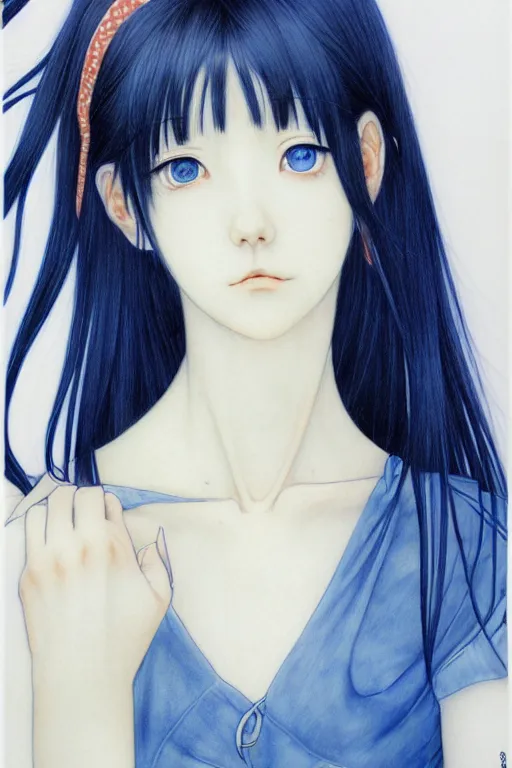 Image similar to a portrait of a character, black hair, blue eyes, by Miho Hirano