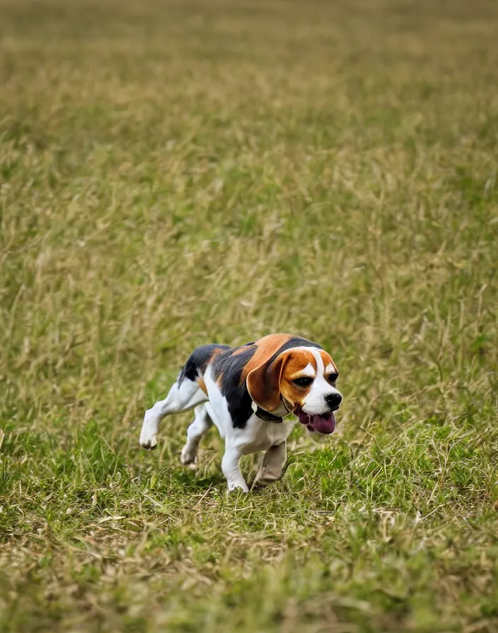 Prompt: a beagle running in a field, 8k, depth of field.