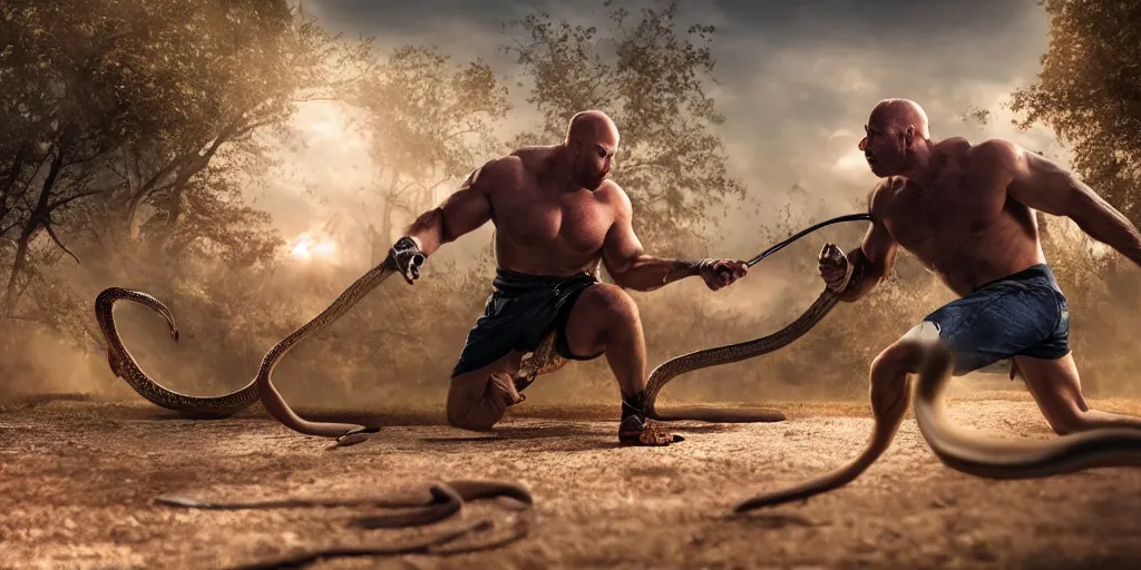 Image similar to Ryback fighting a snake outdoors, photorealistic, ultra hd, cinematic lighting, award-winning, 4k, leica sl2 30mm, beautiful color, high quality, high textured, lens flare