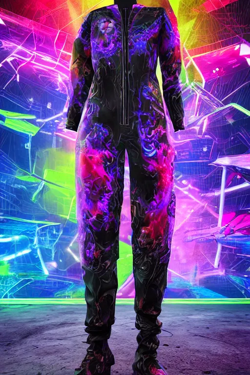 Prompt: photo of a jump suit, band merchandise, bandname is tripmachine, realistic digital art, jump suit is printed with a 3 d render of a huge futuristic steampunk generator, 8 k, fluorescent colors, halluzinogenic, multicolored, exaggerated detailed, unreal engine