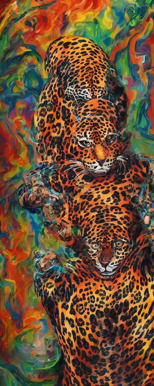 Image similar to the painting of a shaman turning into a jaguar 4 k render