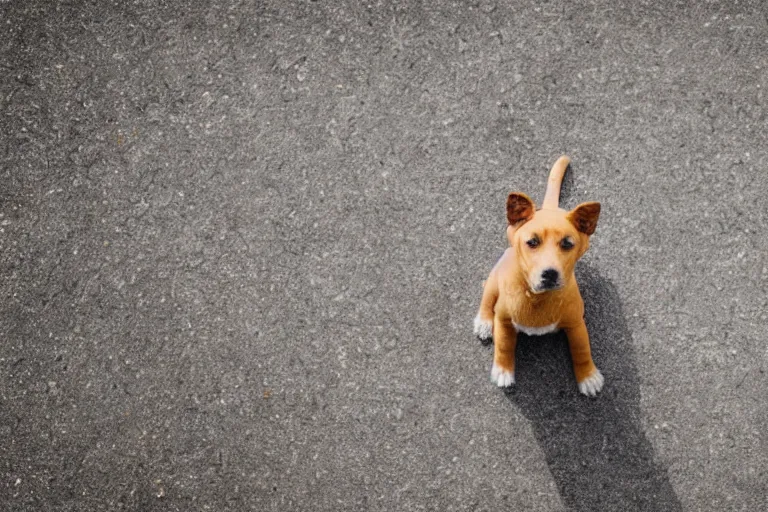 Image similar to a overhead view of a puppy standing on a ledge