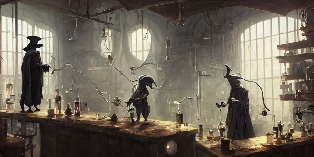 Image similar to a plague doctor and a humanoid rat in a laboratory with lots of flasks filled with magic liquids, stephen bliss, unreal engine, fantasy art by greg rutkowski, loish, rhads, ferdinand knab, ilya kuvshinov, rossdraws, tom bagshaw, global illumination, radiant soft light, detailed and intricate environment