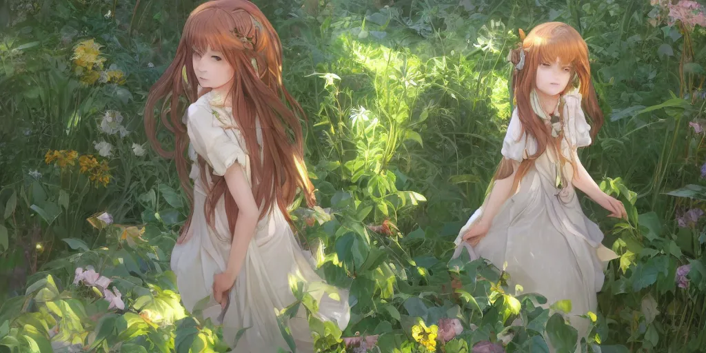 Image similar to a digital art of a loli with long hair in a dress in the privet garden at after noon, green and warm theme, back lighting, by krenz cushart and mucha and akihito yoshida and greg rutkowski and makoto shinkai, extremely long shot, detailed eyes, 4 k resolution, highly detailed, trending on art station