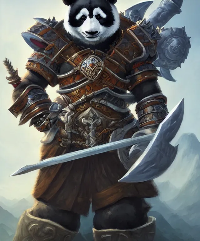 Prompt: a closeup portrait an anthropomorphic panda samurai, wearing armor with spiked shoulders, landscape in background, dnd character art portrait, world of warcraft style, by peter mohrbacher, cinematic lighting