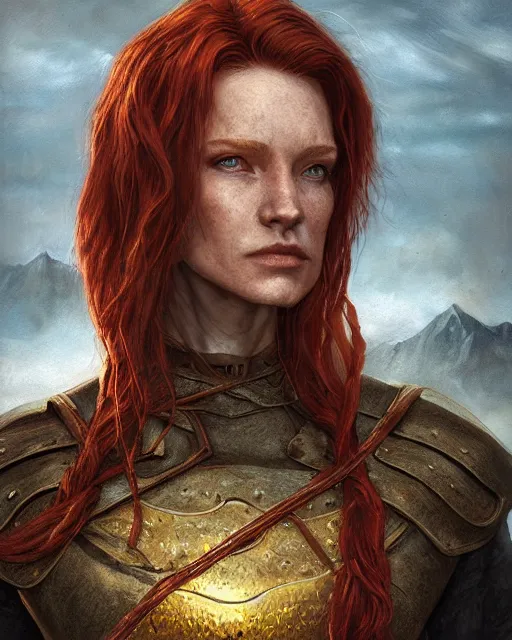 Image similar to the elder scrolls vi, charismatic rugged female redhead breton mage portrait, illustration, rim light, top light, perfectly shaded, golden hour, epic, intricate, soft painting, art by leesha hannigan, ross tran, thierry doizon, kai carpenter, ignacio fernandez rios