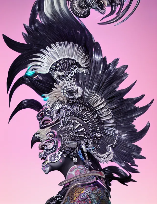 Image similar to 3 d goddess close - up profile portrait punk with mohawk with ram skull. beautiful intricately detailed japanese crow kitsune mask and clasical japanese kimono. betta fish, jellyfish phoenix, bio luminescent, plasma, ice, water, wind, creature, artwork by tooth wu and wlop and beeple and greg rutkowski