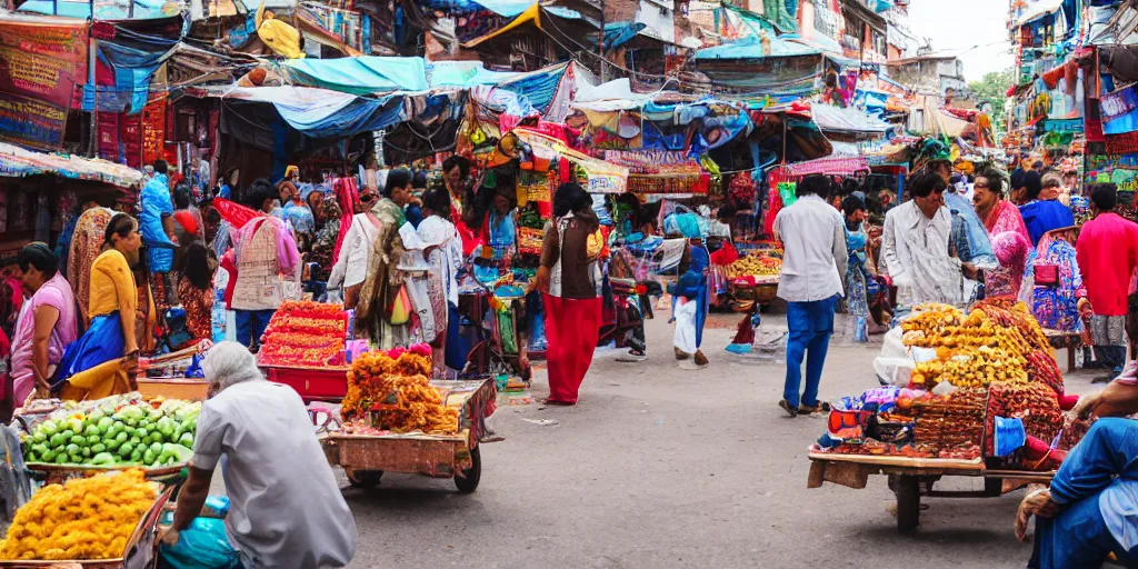 Prompt: indian street market filled with people, food stalls, rickshaws photography