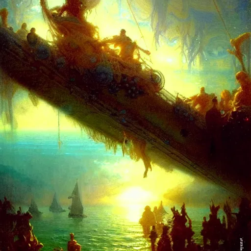 Image similar to point of view of deep in the ocean looking up, you see fishes, higher up you see the milk way, night time. highly detailed painting by gaston bussiere, greg rutkowski 8 k