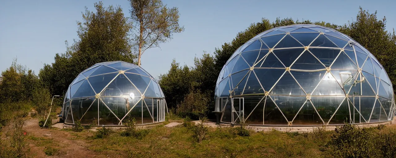 Image similar to dome house by kristoffer tejlgaard, concept house, earthship, greenhouse, optimus sun orientation, north hemisphere, spain, geodesic architecture, biodome, fuller