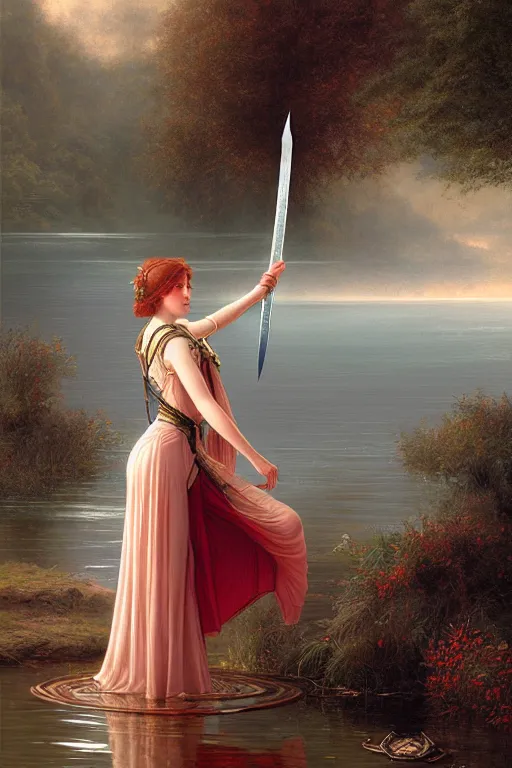 Prompt: a portrait of a sorceress dropping a sword into the lake, illustration, soft lighting, soft details, painting oil on canvas by Edmund Blair Leighton and Charlie Bowater