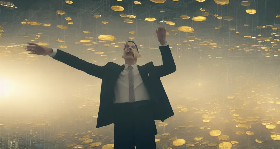 Prompt: Dramatic photo of a man in a suit waving to a large group of people in a futuristic office. Golden coins are levitating all around them. 8k, high detail, trending on Artstation, volumetric lighting, cyberpunk