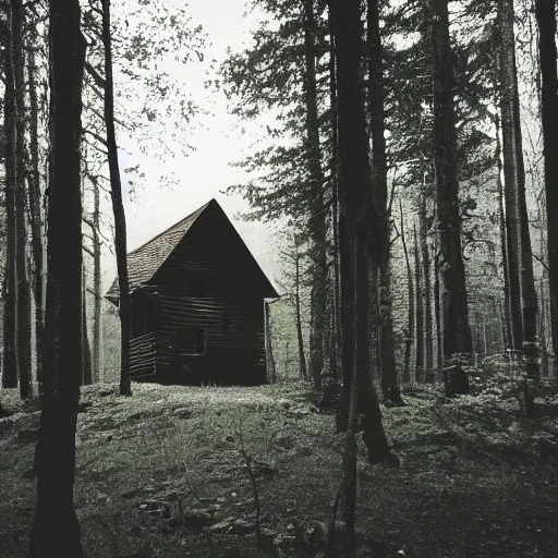 Prompt: a photo of a Eerie cabin in the middle of the woods photographed by a old 80s gameboy