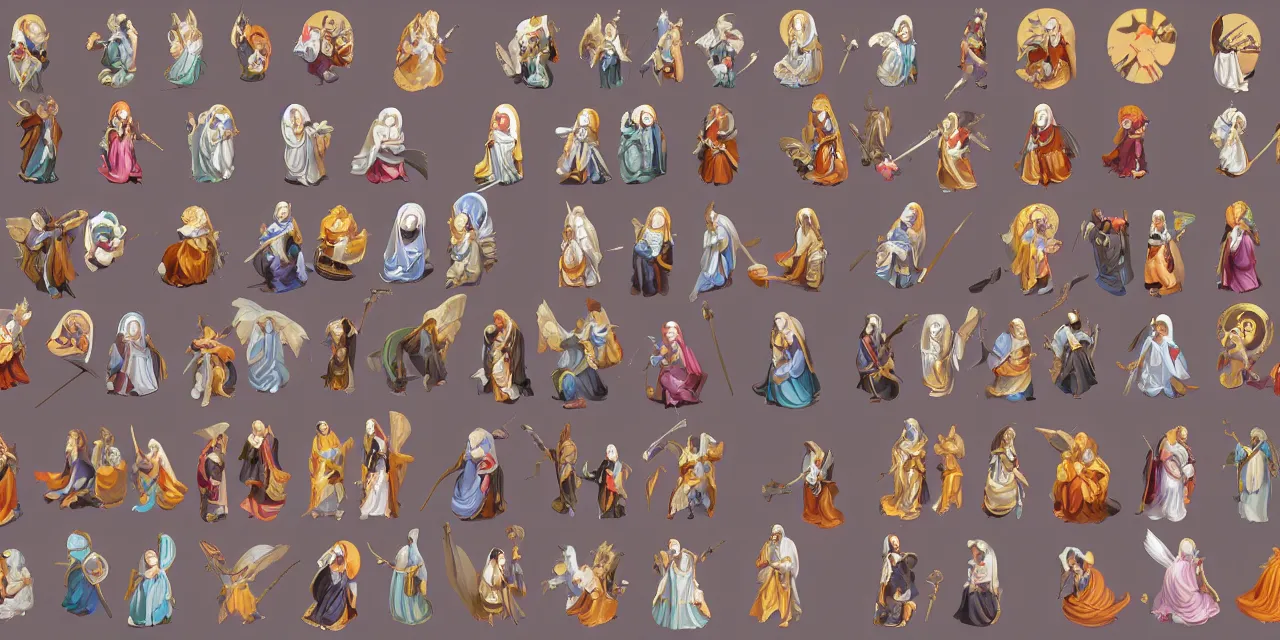 Prompt: game asset sheet, 2 d sprite, chibi nuns other religious iconographic items material study