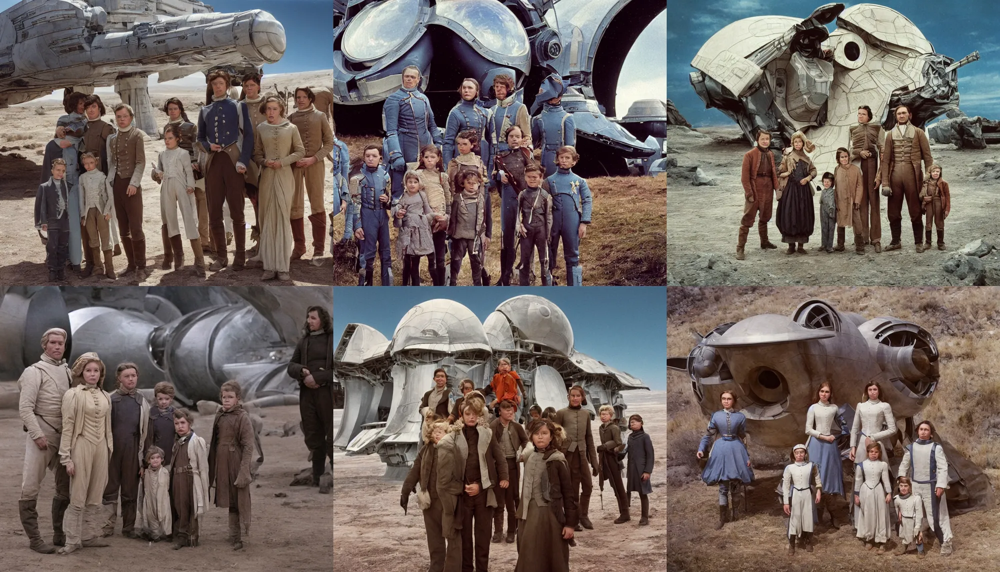 Prompt: highly detailed, 256435456k film, 3225600mm film still from a sci fi blockbuster color movie made in 2019, set in 1860, of a family standing in front of a spaceship that has just landed on an alien planet, the family are all wearing 1860s era clothes, good lighting, good photography, ultra high definition