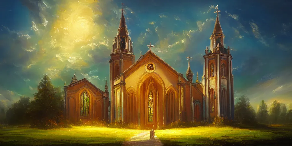 Image similar to a resplendent church in heaven, bright, oil painting of nature, beautiful concept art, trending on artstation