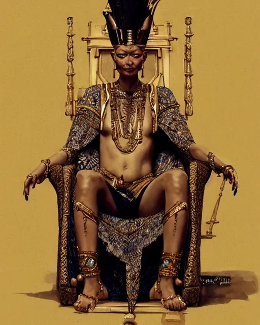 Image similar to tilda swinton as a dark - skinned egyptian pharao sitting on a throne, intricate, elegant, highly detailed, digital painting, artstation, concept art, matte, sharp focus, illustration, art by anders zorn and greg rutkowski and alphonse mucha