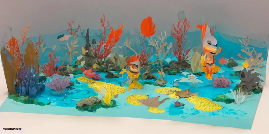 Prompt: paper craft diorama of an underwater party with a king shark and a mermaid