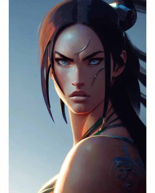 Image similar to azctec warrior, megan fox, detailed perfect face, exquisite details, fire magic, mid view, design on a white background, by studio muti, greg rutkowski makoto shinkai takashi takeuchi studio ghibli