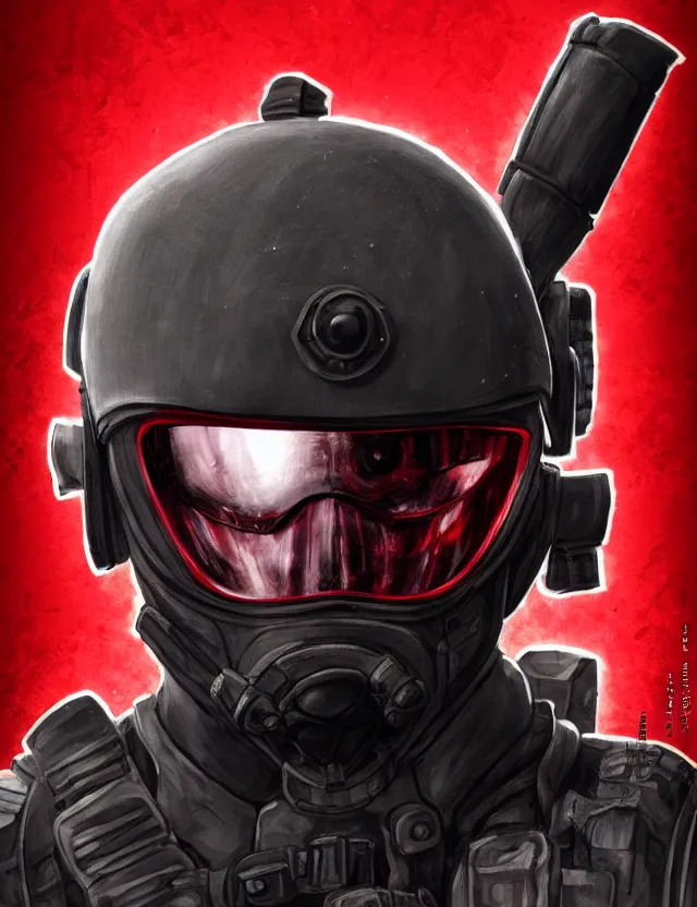 Image similar to a detailed manga portrait of a masked special forces soldier wearing dark red advanced demon - resistant cyborg tactical gear, trending on artstation, digital art, 4 k resolution, detailed, high quality, sharp focus, hq artwork, coherent, insane detail, character portrait