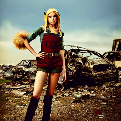 Prompt: a skinny female high-fantasy elf with a long face narrow chin and spiky blonde hair wearing dark brown overalls and holding a bomb next to a destroyed car, gel spiked blond hair, small ears, narrow lips, high resolution film still, HDR color