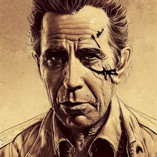 Prompt: a highly detailed epic cinematic concept art CG render digital painting artwork costume design: Humphrey Bogart, scruffy beard, old scars on the face, unkempt long hair, grizzled, tired, in an old 1950s leather jacket, with a bottle of whisky in hand. By Greg Rutkowski, Ilya Kuvshinov, WLOP, Stanley Artgerm Lau, Ruan Jia and Fenghua Zhong, trending on ArtStation, made in Maya, Blender and Photoshop, octane render, excellent composition, cinematic atmosphere, dynamic dramatic cinematic lighting, aesthetic, very inspirational, arthouse