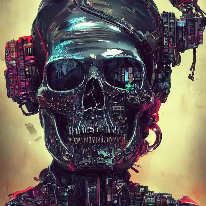 Prompt: a beautiful painting of a cyberpunk skull by pascal blanche and julian calle and nekro. in style of colorful comic noir illustration, symmetry, sci fi, hyper detailed. octane render. trending on artstation