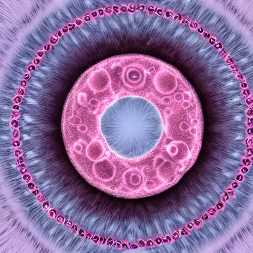 Prompt: white mink with big overfit necklace circle made of pink-dyed chromosomes and bacteria matte art hd 8k starring at camera symmetrical mink face bacteria chromosomes matte