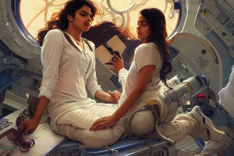 Image similar to Sensual good looking pale young Indian doctors wearing jeans in a space station above Earth, portrait, elegant, intricate, digital painting, artstation, concept art, smooth, sharp focus, illustration, art by artgerm and greg rutkowski and alphonse mucha