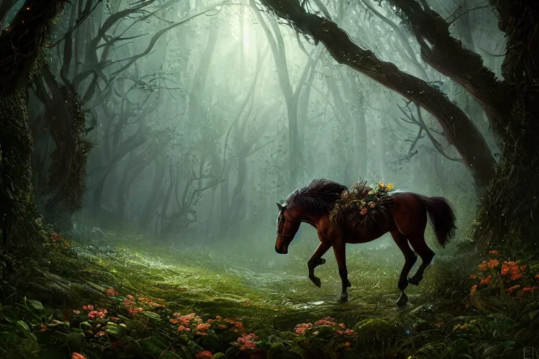 Prompt: a stunning horse with a thick mane of bioluminescent vines and flowers running through the woods by greg rutkowski, high key lighting, volumetric light, digital art, highly detailed, fine detail, intricate, ornate, complex, octane render, unreal engine, photorealistic