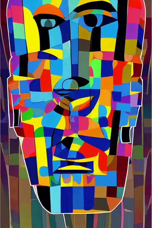 Image similar to cubist moai statue cutout digital illustration cartoon colorful beeple