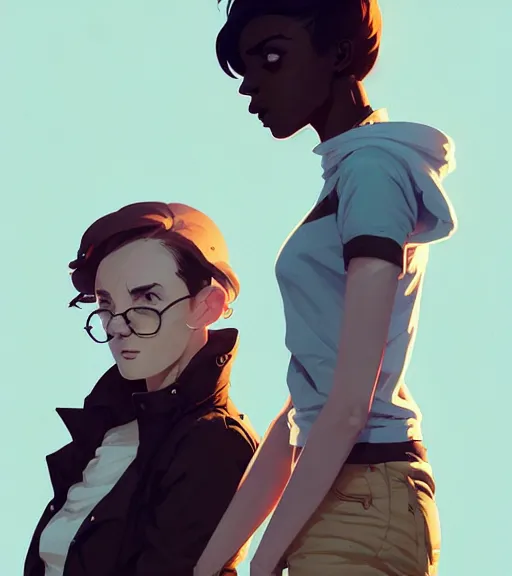 Prompt: portrait of stoic heroic blonde tomboy butch woman engineer and tall black - haired goth feminine woman standing back to back by atey ghailan, by greg rutkowski, by greg tocchini, by james gilleard, by joe fenton, by kaethe butcher, dynamic lighting, gradient light blue, brown, blonde cream and white color scheme, grunge aesthetic