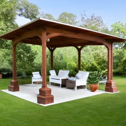 Image similar to roofed elevated veranda of a brown wooden summerhouse with a white swinging garden hammock