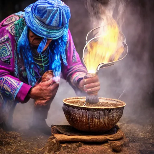 Image similar to a shaman preparing a magic decoction in a dreamy atmosphere, 4 k, 3 d, photo