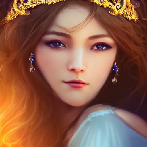 Image similar to a photographic portrait of an fantasy 30 years old princess with a deep blue sapphire and gold diadem, warmer colours, more tan face, light brown hair, cinematic light, by Zhang Jigna, canon 50mm, artstation