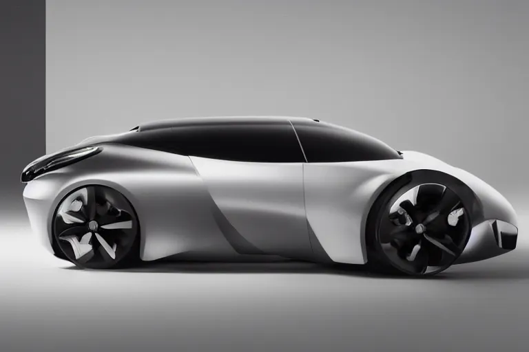 Prompt: A car designed by Apple Inc with design cues from their previous products, promotional picture, studio lighting,