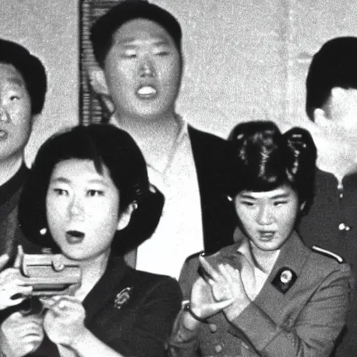 Image similar to rare vintage footage of Godzilla, Choi Eun-hee and Kim Jong-il, obscured underexposed view