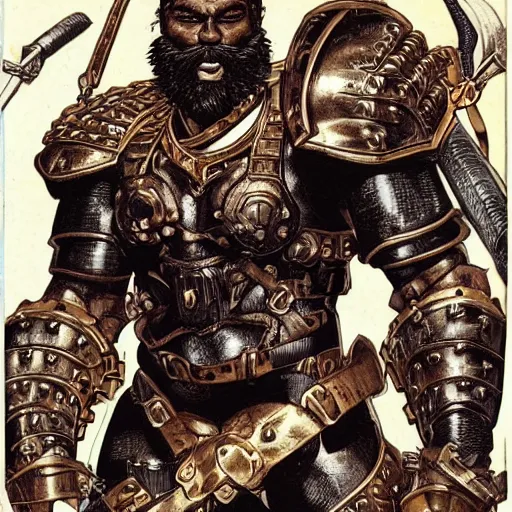 Prompt: brown skin man with a giant grin, thick black beard, wild black hair, bulging muscles, shiny plain bronze metal armour. by katsuya terada. - s 4 1 1 0 8 6 6 3 4 9