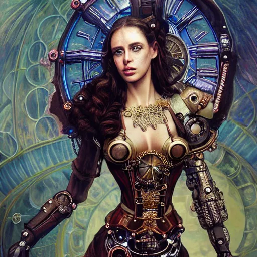 Prompt: A full body photo Lana Rhoades as a steampunk beautiful goddess, she half human and half robot, she is embellished with few gears wheels and gemstones, by William Holman Hunt, Greg Rutkowski, Stanely Artgerm, Tooth Wu, Peter Gric, Aaron Horkey, trending on Artstation, digital art, mythological, symmetrical artwork, cinematic lighting, hyper realism, high detail, octane render, ultra realistic, golden ratio, 4k, 8k