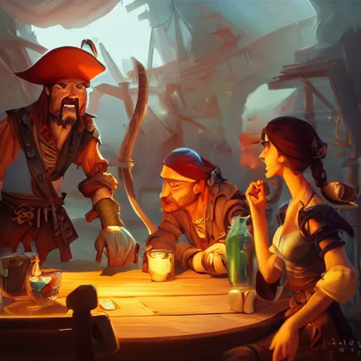 Prompt: Pirates in a tavern, cgsociety, fantasy art, 2d game art, concept art , ambient occlusion, bokeh, behance hd , concept art by Jesper Ejsing, by RHADS, Makoto Shinkai ,Cyril Rolando, face of characters by artgem and Greg rutkowski